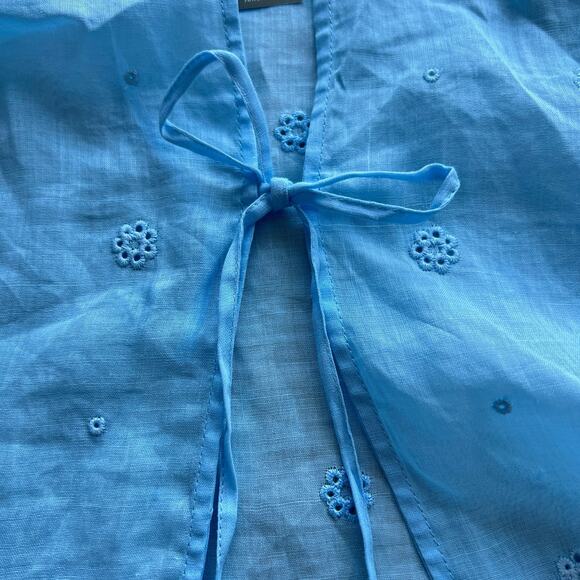 J Crew Tie Front Eyelet Top In Ramie XS Sheer Blue Preppy Flaws - Picture 9 of 15